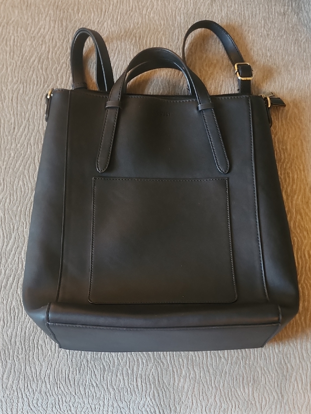 Black Faux Leather Laptop Tote with Front Pocket